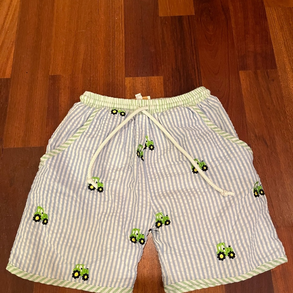 Kids Green Tractor Striped Swim Shorts